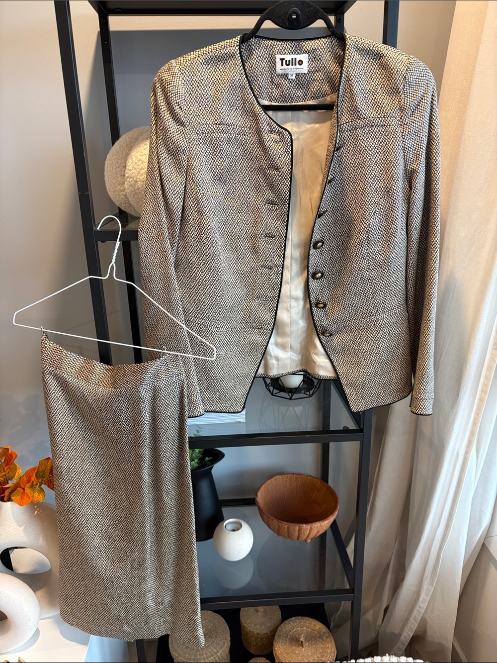 609 Women's Metallic Tweed Blazer and Skirt Set in Taupe